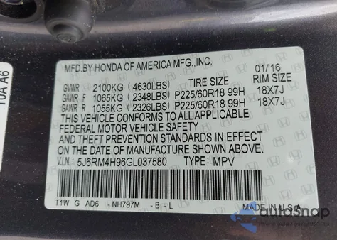 2016 Honda Cr-V Touring from USA, damaged, VIN 5J6RM4H96GL037580